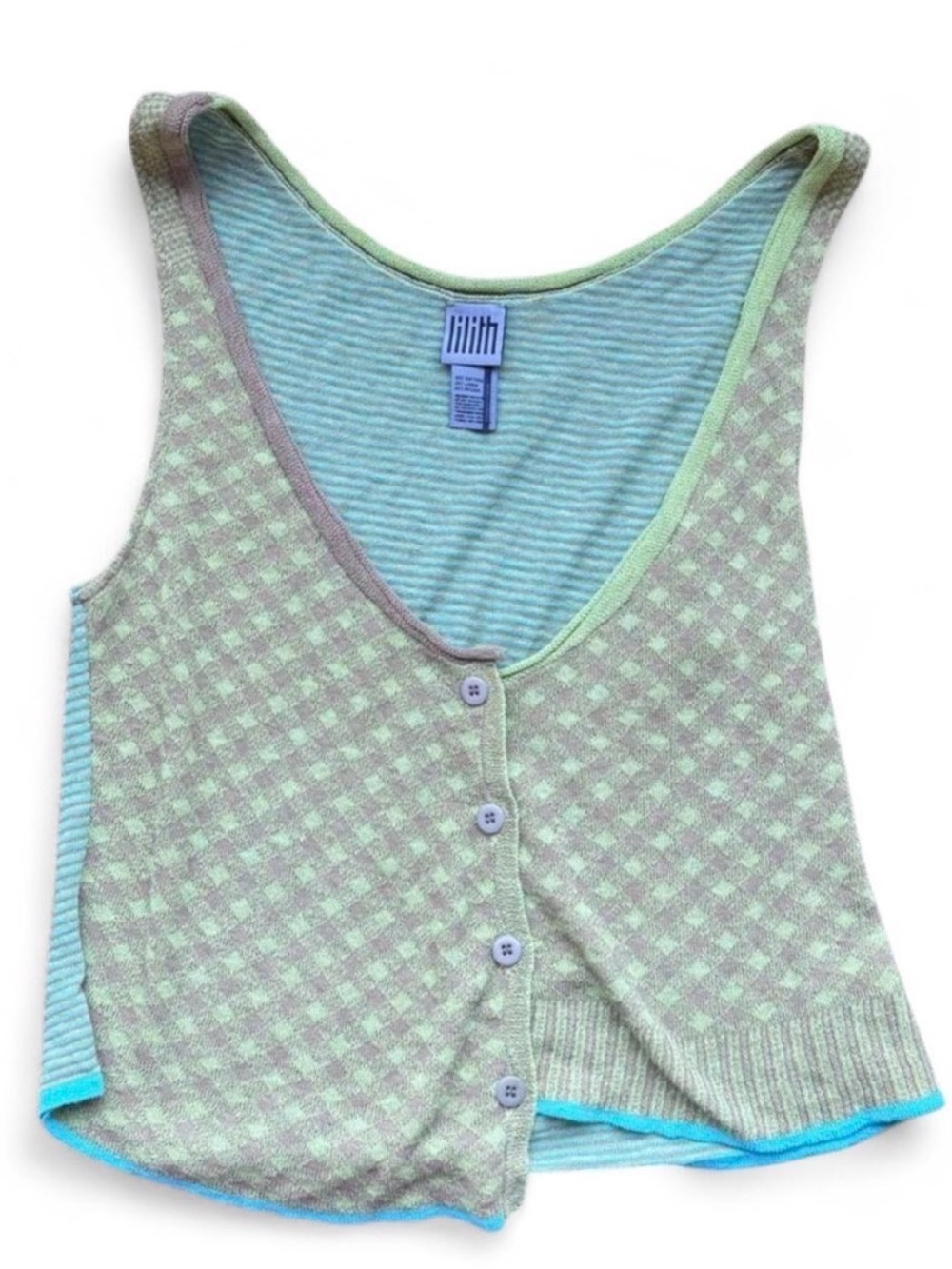 Lilith Lime Green Checkered Knit Button-Front Sweater Vest Tank Top